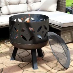 Sunnydaze Decor Sunnydaze Outdoor Camping Or Backyard Cast Iron Retro Round Fire Pit Bowl With Handles And Spark Screen - 26" - Black