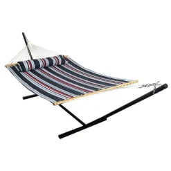 Sunnydaze Decor Sunnydaze Outdoor 2-Person Double Polyester Quilted Hammock With Wood Spreader Bar And 12ft Black Steel Stand -Sunnydaze Decor GUEST 07b292c6 bf1c 42a8 962f b428fb55bad1
