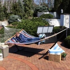 Sunnydaze Decor Sunnydaze Outdoor 2-Person Double Polyester Quilted Hammock With Wood Spreader Bar And 12ft Black Steel Stand -Sunnydaze Decor GUEST 109ebc5a 9b92 4f70 94e4 820090d8813d