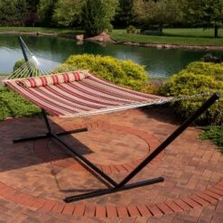 Sunnydaze Decor Sunnydaze 2-Person Quilted Fabric Spreader Bar Hammock With Detachable Pillow And Stand - 400 Lb Weight Capacity/15' Stand -Sunnydaze Decor GUEST 13a8ebce 4f48 4c95 a347 5f582f4fc94b