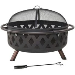 Sunnydaze Decor Sunnydaze Outdoor Camping Or Backyard Round Crossweave Cut Out Fire Pit With Spark Screen, Log Poker, And Cover - 36" -Sunnydaze Decor GUEST 13a9e39a 5734 418d 8686 68c5bdf89aeb