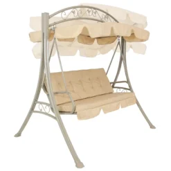 Sunnydaze Decor Sunnydaze Outdoor 3-Person Steel Patio Swing With Adjustable Canopy And Tufted Cushions, Beige -Sunnydaze Decor GUEST 1704b833 9100 4073 8ffe 25ca35e446e8