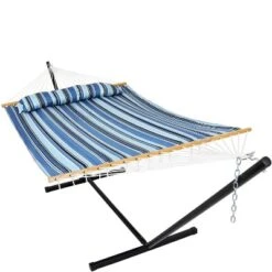Sunnydaze Decor Sunnydaze Outdoor 2-Person Double Polyester Quilted Hammock With Wood Spreader Bar And 12ft Black Steel Stand -Sunnydaze Decor GUEST 1a203cb0 6762 4575 8921 0683a668cbfb