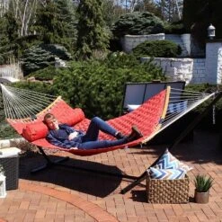 Sunnydaze Decor Sunnydaze Polyester Quilted Weave 2-Person Hammock With Curved Bamboo Spreader Bars - 450 Lb Weight Capacity - Salmon -Sunnydaze Decor GUEST 25494b2f e1b6 43a4 82ac 0ba8b52f0a19