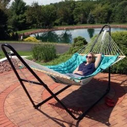 Sunnydaze Decor Sunnydaze Outdoor Weather-Resistant Polyester Quilted Hammock Cushion Pad And Hammock Pillow With Ties - Cool Blue Tropics -Sunnydaze Decor GUEST 26630b87 5189 4ecc 856b e1dedd348040