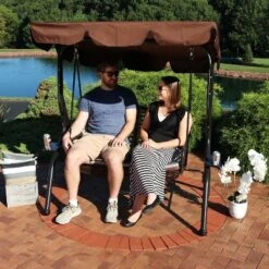 Sunnydaze Decor Sunnydaze 2-Person Outdoor Patio Swing With Adjustable Canopy Shade, Cushions And Pillow, Brown Stripe -Sunnydaze Decor GUEST 2d78af66 9dff 4c5c 9aa4 da68644d7598