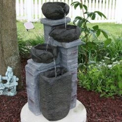 Sunnydaze Decor Sunnydaze Outdoor Polyresin Solar Powered Stone Bowls Water Fountain With LED Lights And Backup Battery - 30"