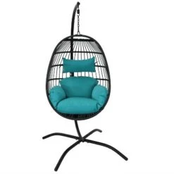 Sunnydaze Decor Sunnydaze Outdoor Resin Wicker Patio Dalia Hanging Basket Egg Chair With Cushions, Headrest, And Steel Stand Set - Teal - 3pc -Sunnydaze Decor GUEST 328c2ef7 9f8f 4462 8224 5c459e5eae3b