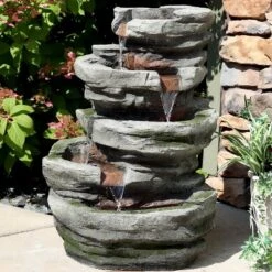 Sunnydaze Decor Sunnydaze 31"H Electric Polyresin And Fiberglass Lighted Cobblestone Waterfall Outdoor Water Fountain With LED Lights