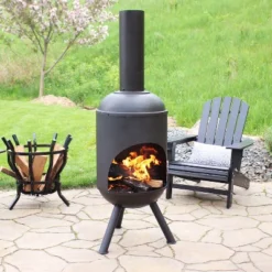 Sunnydaze Decor Sunnydaze Outdoor Backyard Patio Modern Steel Wood-Burning Fire Pit Chiminea With Wood Grate - 5' - Black