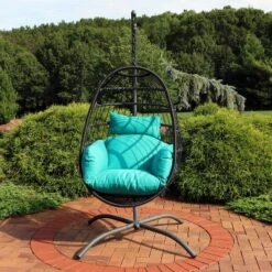 Sunnydaze Decor Sunnydaze Outdoor Resin Wicker Patio Penelope Hanging Basket Egg Chair Swing With Cushions, Headrest, And Steel Stand Set - 3pc