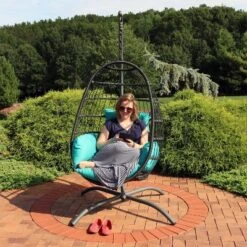 Sunnydaze Decor Sunnydaze Outdoor Resin Wicker Patio Penelope Hanging Basket Egg Chair Swing With Cushions, Headrest, And Steel Stand Set - 3pc -Sunnydaze Decor GUEST 4c0904b0 68b6 4e91 865f b663c1c4ceba