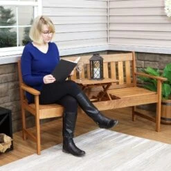 Sunnydaze Decor Sunnydaze Outdoor Meranti Wood With Teak Oil Finish 2-Person Bench Seat With Pop-Up Table - 60" - Brown -Sunnydaze Decor GUEST 4e6a00cb 2dfb 44d8 906c ff11169a0a6d