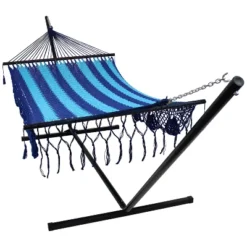Sunnydaze Decor Sunnydaze Deluxe American Style Hand-Woven Cotton And Nylon Mayan Hammock With Stand - 400 Lb Weight Capacity/15' Stand -Sunnydaze Decor GUEST 4e74c2a7 1bd6 44a1 aec9 d7f8ec095774