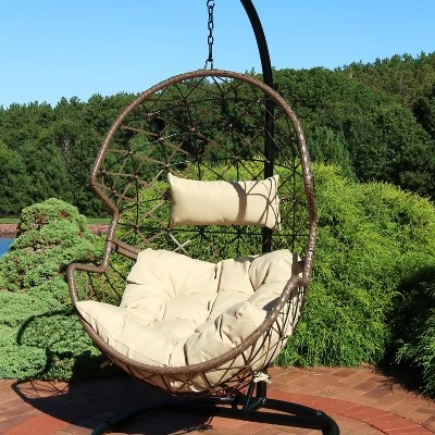 Sunnydaze Decor Sunnydaze Outdoor Resin Wicker Patio Lorelei Hanging Basket Egg Chair Swing With Cushions And Headrest - Beige - 2pc 1 Sunnydaze Decor Sunnydaze Outdoor Resin Wicker Patio Lorelei Hanging Basket Egg Chair Swing With Cushions And Headrest - Beige - 2pc