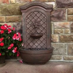 Sunnydaze Decor Sunnydaze 31"H Solar-Powered With Battery Pack Polystone Rosette Leaf Outdoor Wall-Mount Fountain -Sunnydaze Decor GUEST 5d6542cb 006a 4a68 b688 fdcd4ade0555