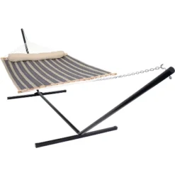 Sunnydaze Decor Sunnydaze 2-Person Quilted Fabric Spreader Bar Hammock With Detachable Pillow And Stand - 400 Lb Weight Capacity/15' Stand -Sunnydaze Decor GUEST 6cf6f08d 80ec 45b3 b016 8c3a2022b954