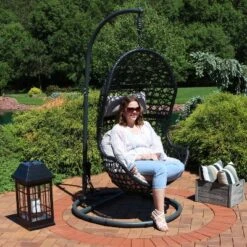 Sunnydaze Decor Sunnydaze Outdoor Resin Wicker Patio Cordelia Hanging Basket Egg Chair Swing With Cushion, Headrest, And Steel Stand Set- 3pc -Sunnydaze Decor GUEST 70f0b8f9 db0c 4dad bdec 9866bbbf4e11