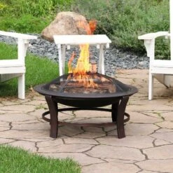Sunnydaze Decor Sunnydaze Outdoor Portable Camping Or Backyard Elevated Round Fire Pit Bowl With Stand, Spark Screen, Wood Grate, And Log Poker - 29" - Bronze