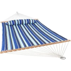 Sunnydaze Decor Sunnydaze Outdoor 2-Person Double Polyester Quilted Hammock With Wood Spreader Bar And Matte Blue Steel Multi-Use Stand - Catalina Beach -Sunnydaze Decor GUEST 7bf6b787 f7cb 4f8c b8c0 7103522058c9