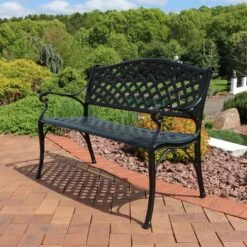 Sunnydaze Decor Sunnydaze 2-Person Checkered Design Cast Aluminum Outdoor Patio Bench, Black -Sunnydaze Decor GUEST 7fa4dc41 91cb 407d 80e5 e4f77acae430