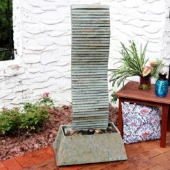 Sunnydaze Decor Sunnydaze 49"H Electric Spiraling Slate Outdoor Water Fountain With LED Lights