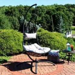 Sunnydaze Decor Sunnydaze Outdoor Resin Wicker Patio Phoebe Hanging Basket Egg Chair Swing With Cushions And Headrest- 2pc