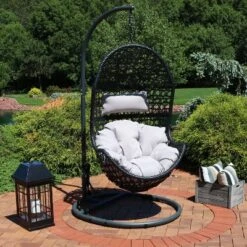Sunnydaze Decor Sunnydaze Outdoor Resin Wicker Patio Cordelia Hanging Basket Egg Chair Swing With Cushion, Headrest, And Steel Stand Set- 3pc -Sunnydaze Decor GUEST 9826f059 7474 484e a64a 071fd3b1aa05
