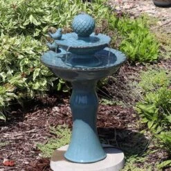 Sunnydaze Decor Sunnydaze 27"H Electric Green Ceramic 2-Tier Resting Birds Outdoor Water Fountain -Sunnydaze Decor GUEST 9833f9ca d804 4eb3 b69e ec2db947582a