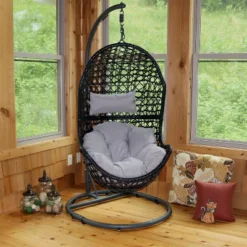 Sunnydaze Decor Sunnydaze Outdoor Resin Wicker Patio Cordelia Hanging Basket Egg Chair Swing With Cushion, Headrest, And Steel Stand Set- 3pc -Sunnydaze Decor GUEST a8ee3d6f d928 4e4e 800b 7f9d9284bd06