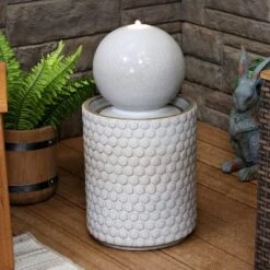 Sunnydaze Decor Sunnydaze Modern Orb On Circle-Pattern Base Ceramic Outdoor Fountain With LED Lights, Gray