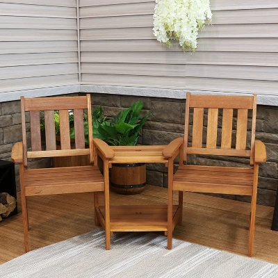Sunnydaze Decor Sunnydaze Outdoor Meranti Wood With Teak Oil Finish Jack-and-Jill Patio Chairs With Attached Table - Brown 1 Sunnydaze Decor Sunnydaze Outdoor Meranti Wood With Teak Oil Finish Jack-and-Jill Patio Chairs With Attached Table - Brown