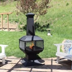 Sunnydaze Decor Sunnydaze Outdoor Backyard Patio Steel 360-Degree View Wood-Burning Fire Pit Chiminea With Wood Grate And Poker - 57" - Black