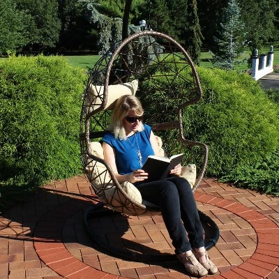 Sunnydaze Decor Sunnydaze Outdoor Resin Wicker Patio Lorelei Hanging Basket Egg Chair Swing With Cushions And Headrest - Beige - 2pc 5 Sunnydaze Decor Sunnydaze Outdoor Resin Wicker Patio Lorelei Hanging Basket Egg Chair Swing With Cushions And Headrest - Beige - 2pc - Image 5