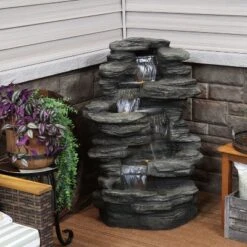 Sunnydaze Decor Sunnydaze 38"H Electric Polyresin And Fiberglass Stacked Shale Waterfall Outdoor Water Fountain With LED Lights -Sunnydaze Decor GUEST cfa2e208 cd75 45a7 873a 788a4af7a02e
