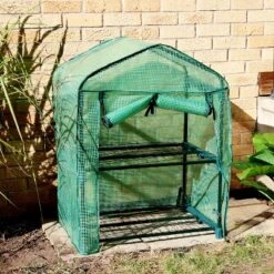 Sunnydaze Decor Sunnydaze Outdoor Portable Growing Rack 2-Tier Greenhouse With Roll-Up Door - 2 Shelves - Green
