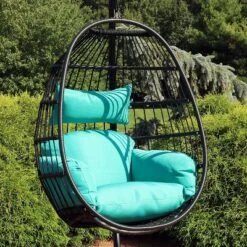 Sunnydaze Decor Sunnydaze Outdoor Resin Wicker Patio Dalia Hanging Basket Egg Chair With Cushions And Headrest - Teal - 2pc