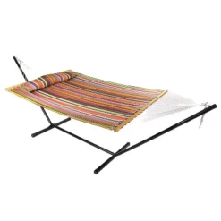 Sunnydaze Decor Sunnydaze Outdoor 2-Person Double Polyester Quilted Hammock With Wood Spreader Bar And 12ft Black Steel Stand -Sunnydaze Decor GUEST ecdab1d7 64be 496a 84f5 f261ff800535