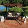 Sunnydaze Decor Sunnydaze 2-Person Outdoor Patio Swing With Adjustable Canopy Shade, Cushions And Pillow, Brown Stripe