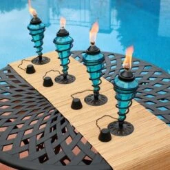 Sunnydaze Decor 13 Sunnydaze Decor Sunnydaze Outdoor Tabletop Glass And Metal Swirl Patio Table And Lawn Torch Set - Blue
