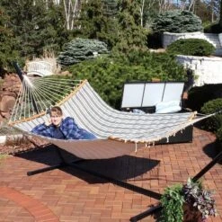 Sunnydaze Decor Sunnydaze Polycotton 2-Person Hammock With Curved Bamboo Foldable Spreader Bars - 450 Lb Weight Capacity - Neutral Stripe -Sunnydaze Decor GUEST f42de0fd 89ae 4b0a b652 4676d81623d8