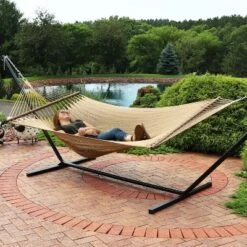 Sunnydaze Decor Sunnydaze Outdoor 2-Person Double Polyester Rope Hammock With Wood Spreader Bar And 15ft Black Steel Stand -Sunnydaze Decor GUEST f717ca0f 32c3 4424 8d5c 12f884aca55c 1