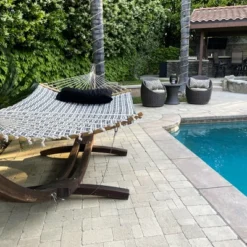 Sunnydaze Decor Sunnydaze Polycotton 2-Person Hammock With Curved Bamboo Foldable Spreader Bars - 450 Lb Weight Capacity - Neutral Stripe -Sunnydaze Decor GUEST fb1c81e8 0c7a 47e7 ab6b c75054c83812