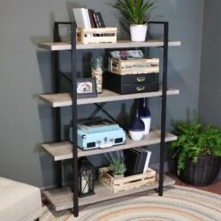 Sunnydaze Decor Sunnydaze 4 Shelf Industrial Style Freestanding Etagere Bookshelf With Wood Veneer Shelves - Oak Gray Veneer -Sunnydaze Decor GUEST 240e370c 19e6 41ba 851a 847432278d77