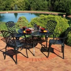 Sunnydaze Decor Sunnydaze Outdoor Crossweave Design Black Cast Aluminum Round Patio Dining Furniture Set With Table And Chairs, 5pc