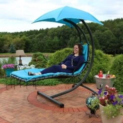 Sunnydaze Decor Sunnydaze Outdoor Hanging Chaise Floating Lounge Chair With Canopy Umbrella And Arc Stand -Sunnydaze Decor GUEST 941bf885 6d36 41d1 83bb 3dc886461109