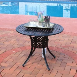 Sunnydaze Decor Sunnydaze Round Lattice Design Cast Aluminum Outdoor Patio Table With Umbrella Hole, Black -Sunnydaze Decor GUEST a3bdb0a3 72a4 40cb bc4a 50978c29cc9b
