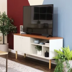 Sunnydaze Decor Sunnydaze Indoor Mid-Century Modern TV Stand Console With Side Storage Cabinet And Shelves For 55" TV -Sunnydaze Decor GUEST c7bc4f83 2a10 4588 965b 28894937c563