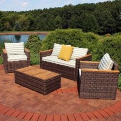 Sunnydaze Decor Sunnydaze Outdoor Rattan And Acacia Wood Kenmare Patio Conversation Furniture Set With Loveseat, Chairs, Table, And Seat Cushions - Green Stripe - 4pc